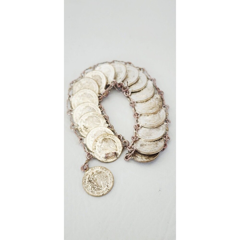 Vintage Mexican Cinco Centavos Coin Bracelet Statement Silver Tone Charm